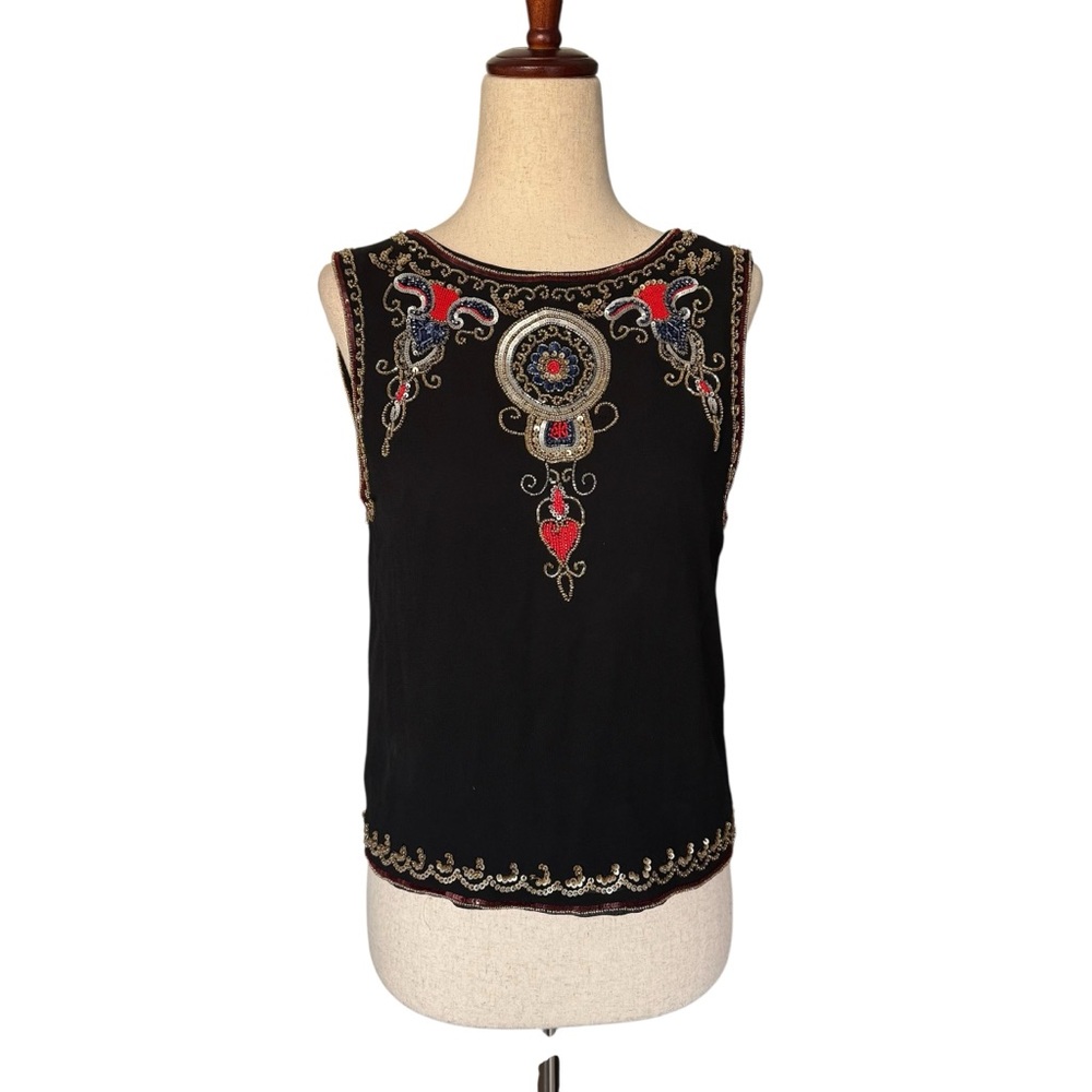 Alice + Olivia Black Beaded Sequin Sleeveless Top Red & Gold Accents Anthro S
